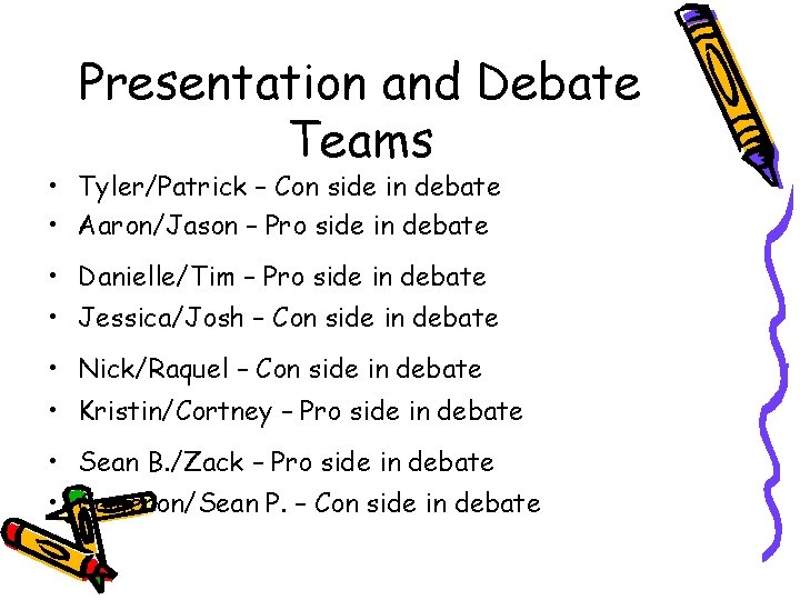 Presentation and Debate Teams • Tyler/Patrick – Con side in debate • Aaron/Jason –