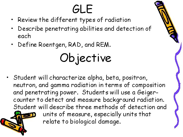 GLE • Review the different types of radiation • Describe penetrating abilities and detection