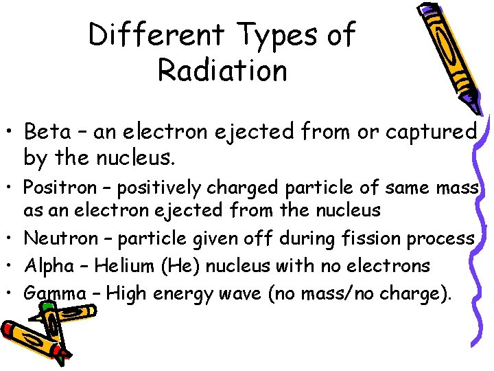 Different Types of Radiation • Beta – an electron ejected from or captured by