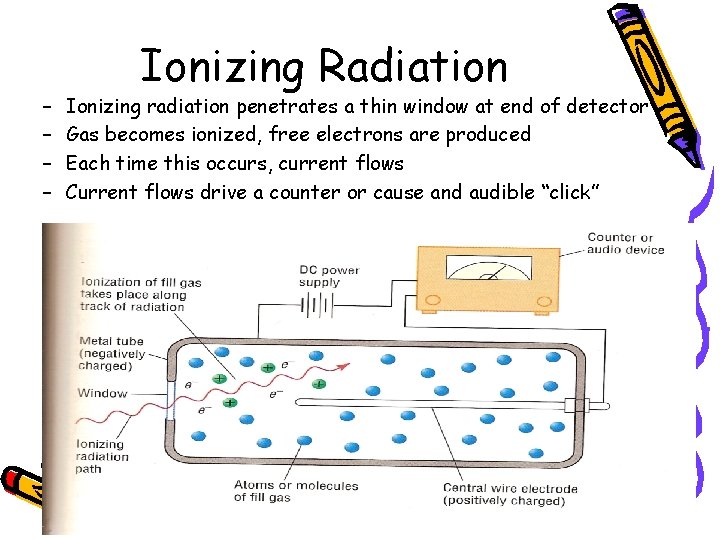 – – Ionizing Radiation Ionizing radiation penetrates a thin window at end of detector