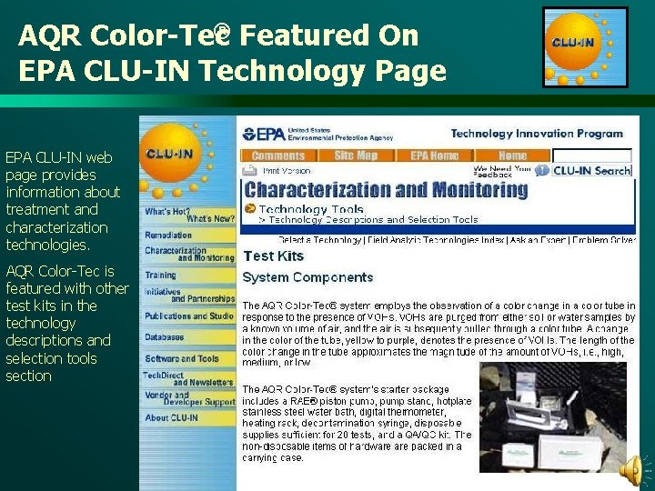 ® Featured On AQR Color-Tec EPA CLU-IN Technology Page EPA CLU-IN web page provides