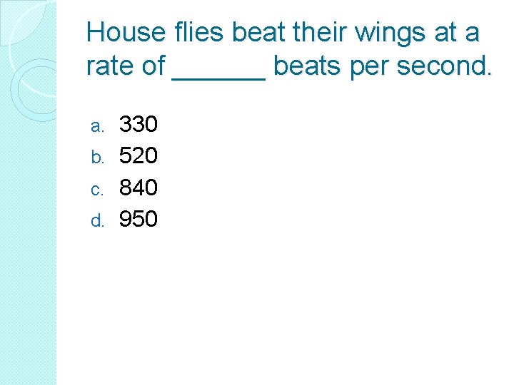 House flies beat their wings at a rate of ______ beats per second. 330