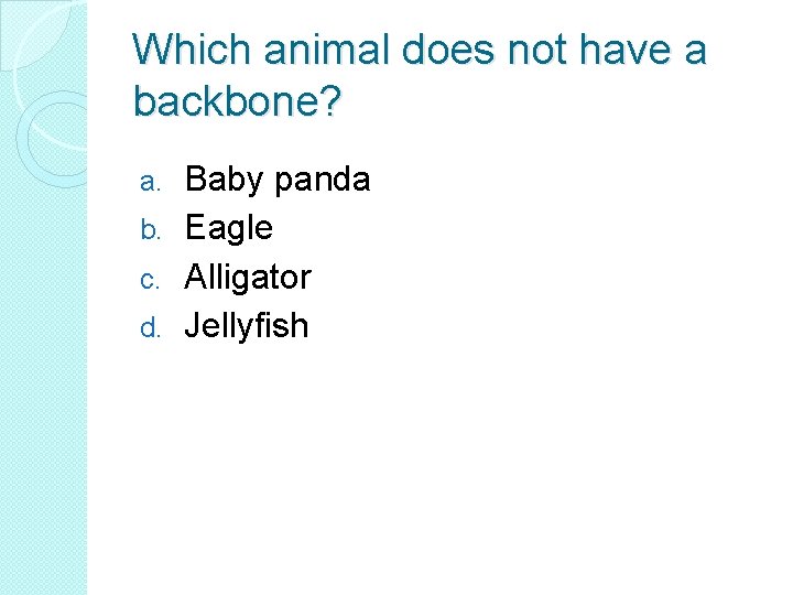 Which animal does not have a backbone? Baby panda b. Eagle c. Alligator d.