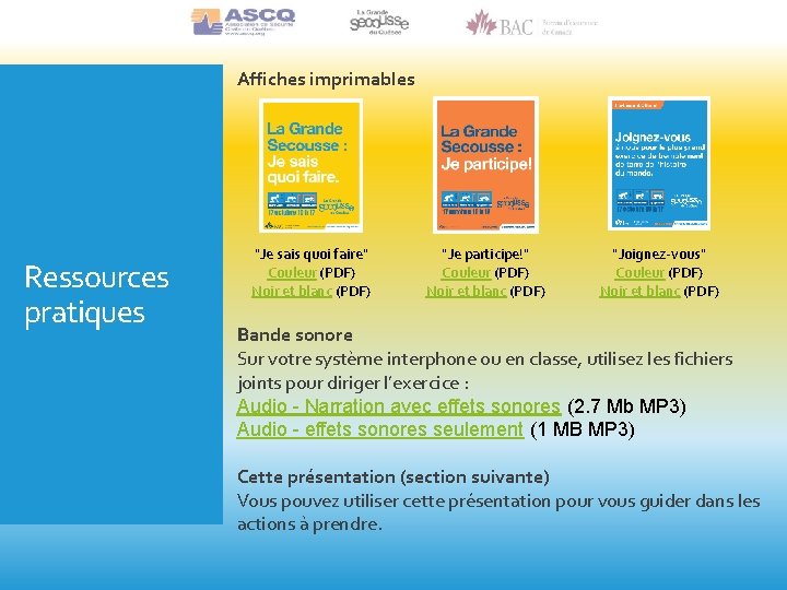 Affiches imprimables Ressources pratiques "Je sais quoi faire" Couleur (PDF) Noir et blanc (PDF)