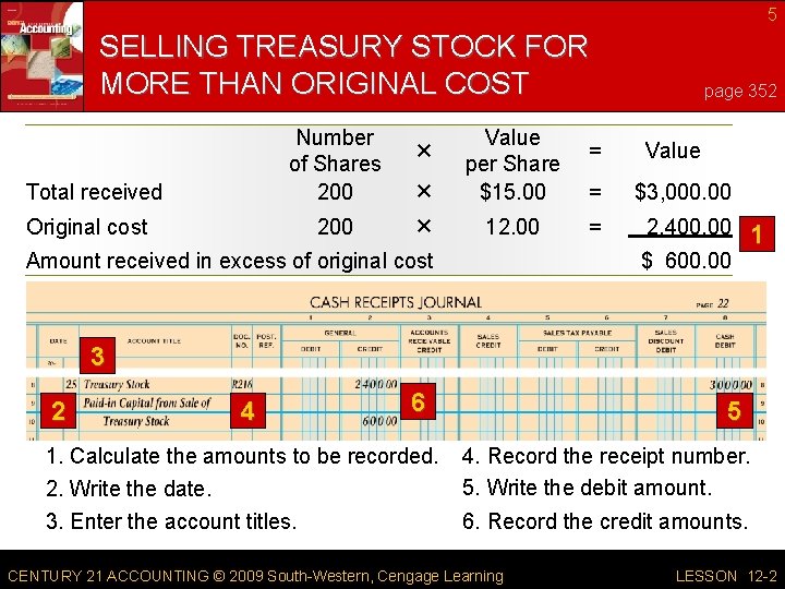 5 SELLING TREASURY STOCK FOR MORE THAN ORIGINAL COST Number of Shares 200 Total