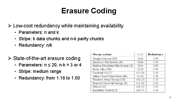 Erasure Coding Ø Low-cost redundancy while maintaining availability • Parameters: n and k •