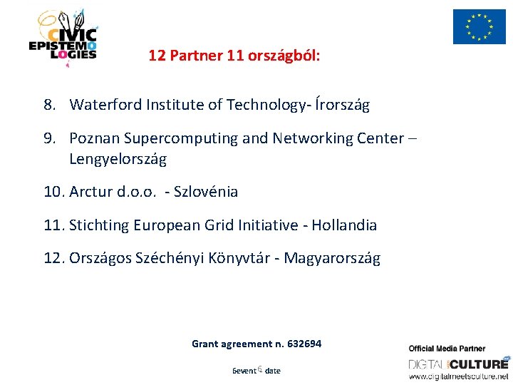 12 Partner 11 országból: 8. Waterford Institute of Technology- Írország 9. Poznan Supercomputing and