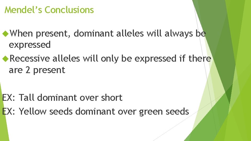 Mendel’s Conclusions When present, dominant alleles will always be expressed Recessive alleles will only