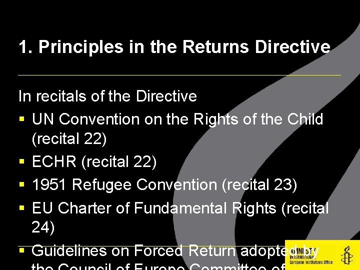 1. Principles in the Returns Directive In recitals of the Directive UN Convention on