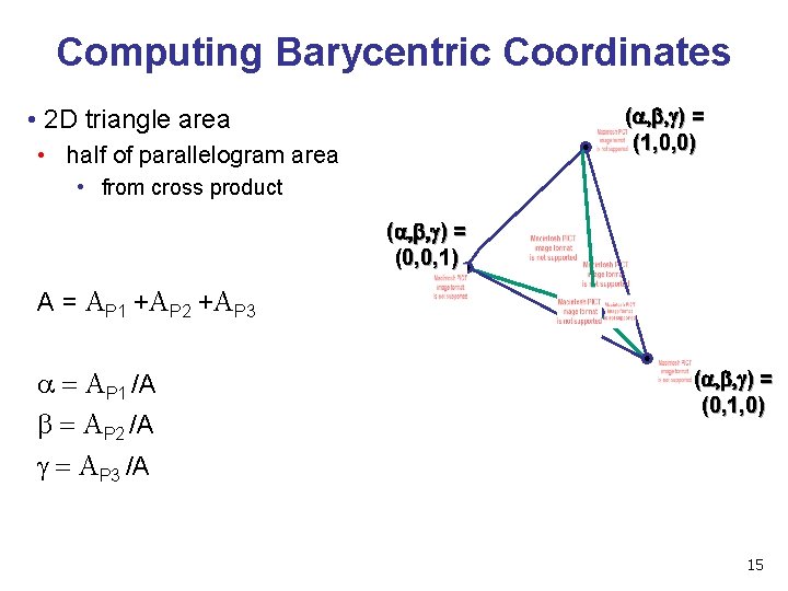 Computing Barycentric Coordinates (a, b, g) = (1, 0, 0) • 2 D triangle