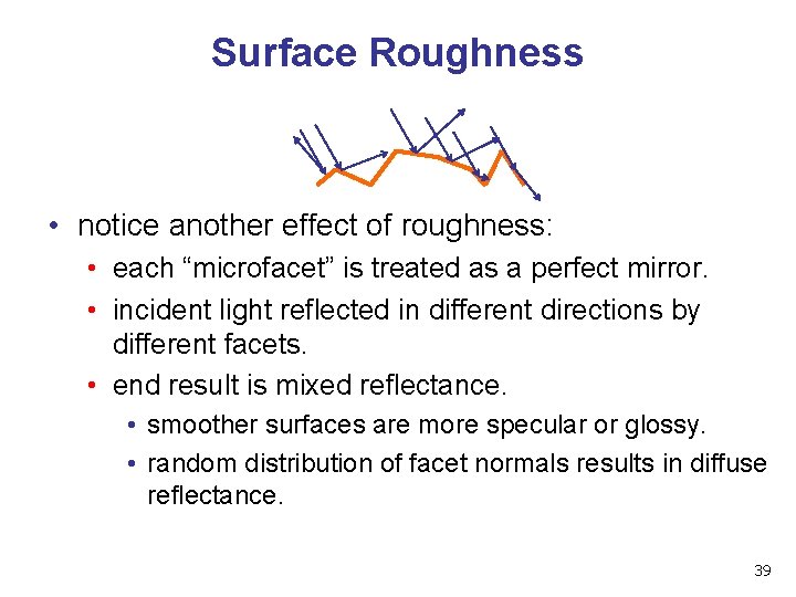 Surface Roughness • notice another effect of roughness: • each “microfacet” is treated as