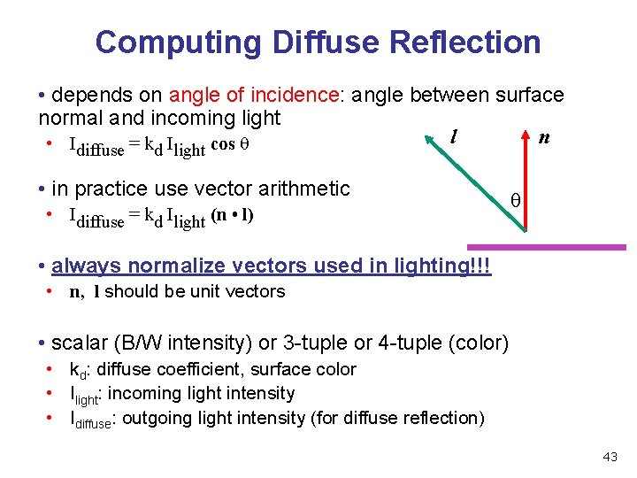 Computing Diffuse Reflection • depends on angle of incidence: angle between surface normal and