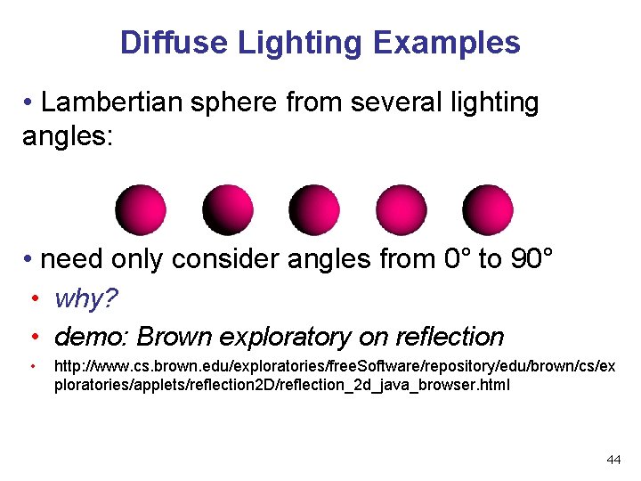 Diffuse Lighting Examples • Lambertian sphere from several lighting angles: • need only consider