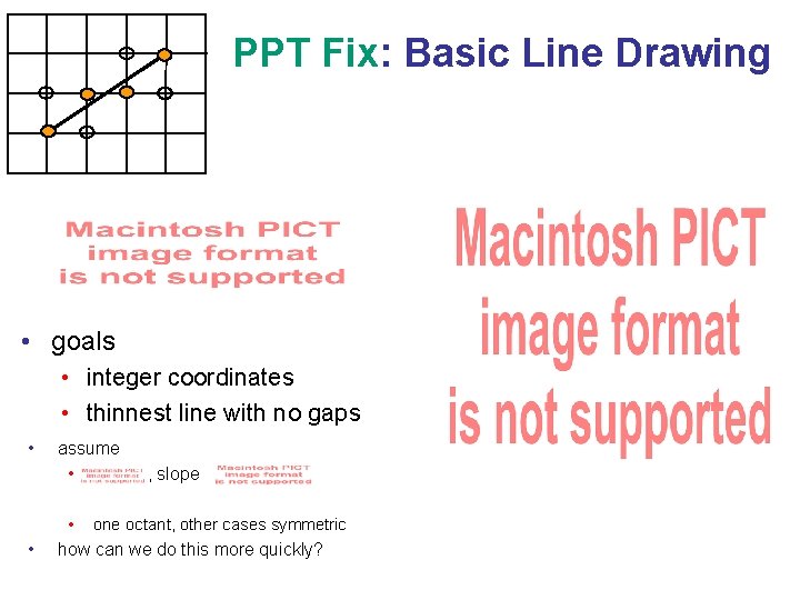 PPT Fix: Basic Line Drawing • goals • integer coordinates • thinnest line with