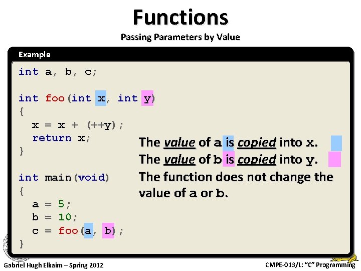 Functions Passing Parameters by Value Example int a, b, c; int foo(int x, int