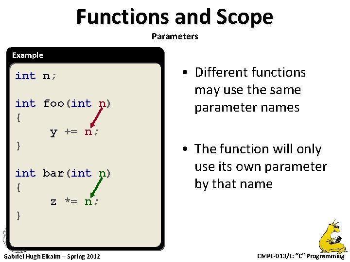 Functions and Scope Parameters Example int n; int foo(int n) { y += n;