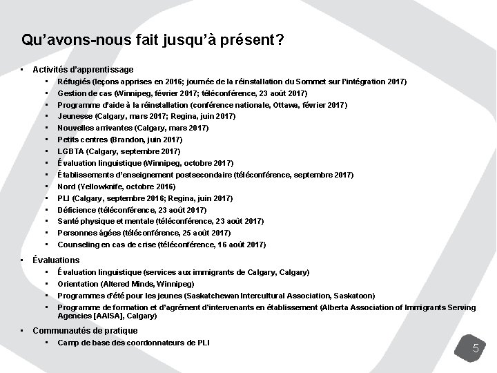 Qu’avons-nous fait jusqu’à présent? • Activités d’apprentissage • Réfugiés (leçons apprises en 2016; journée