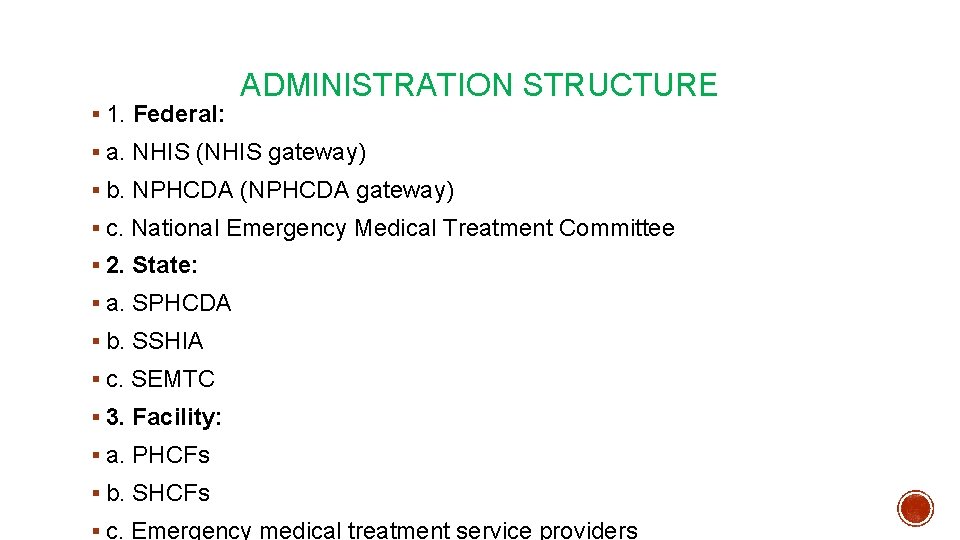 § 1. Federal: ADMINISTRATION STRUCTURE § a. NHIS (NHIS gateway) § b. NPHCDA (NPHCDA