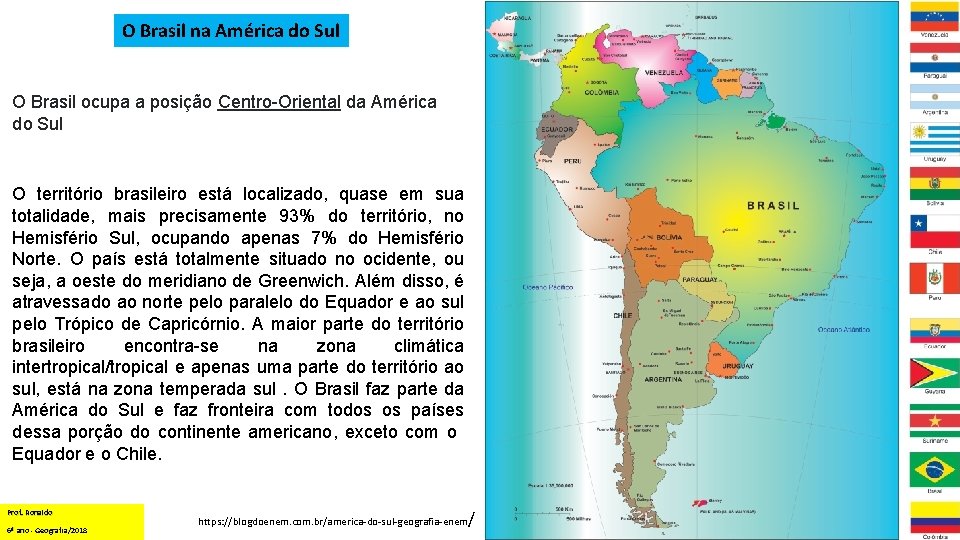 O Brasil na América do Sul O Brasil ocupa a posição Centro-Oriental da América