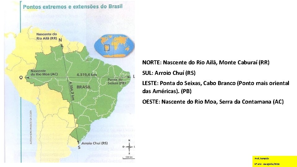 NORTE: Nascente do Rio Ailã, Monte Caburaí (RR) SUL: Arroio Chuí (RS) LESTE: Ponta