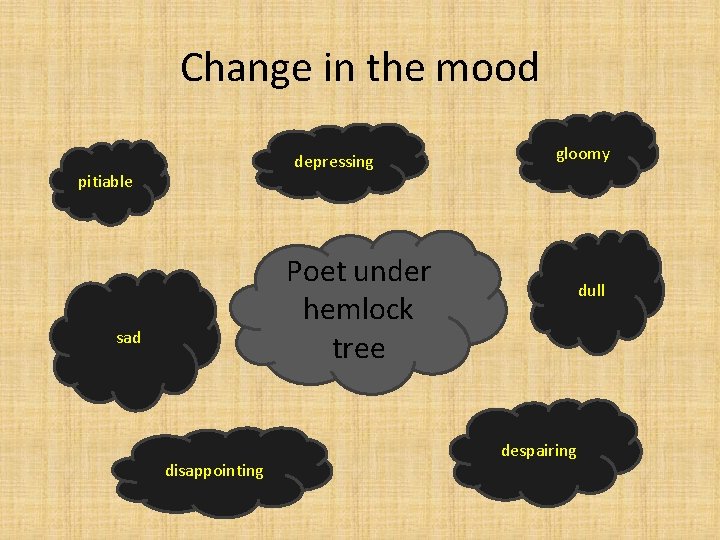 Change in the mood depressing pitiable gloomy Poet under hemlock tree sad disappointing dull