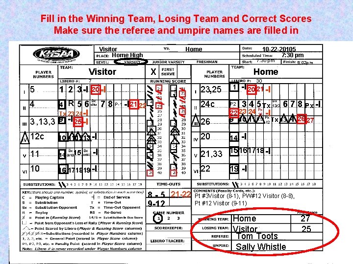 Fill in the Winning Team, Losing Team and Correct Scores Make sure the referee