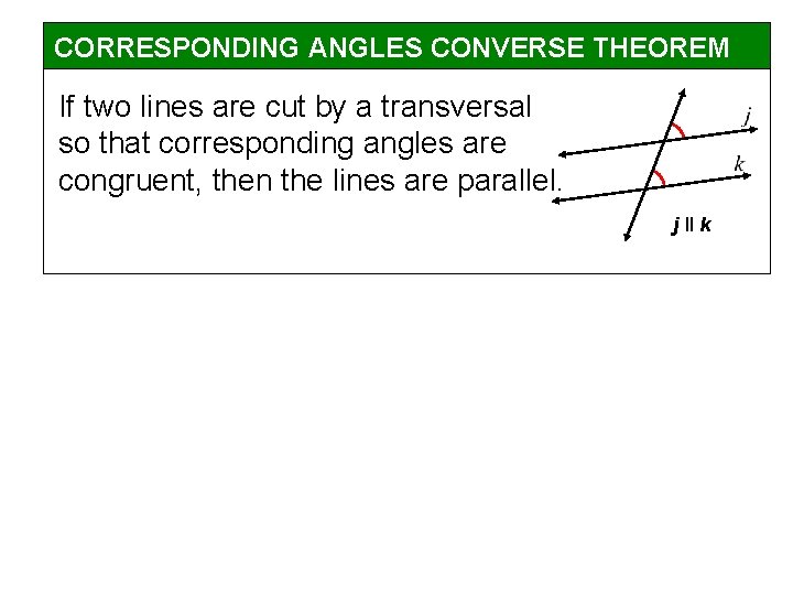 CORRESPONDING ANGLES CONVERSE THEOREM If two lines are cut by a transversal so that CORRESPONDING ANGLES CONVERSE THEOREM If two lines are cut by a transversal so that