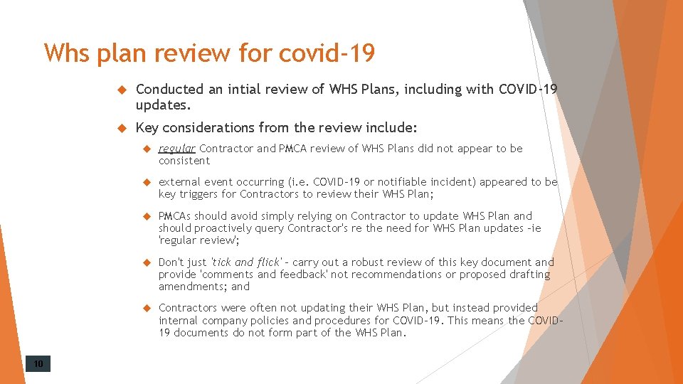 Whs plan review for covid-19 10 Conducted an intial review of WHS Plans, including