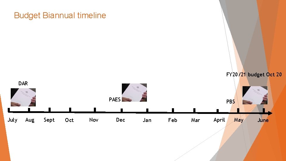 Budget Biannual timeline FY 20/21 budget Oct 20 DAR PAES July Aug Sept Oct
