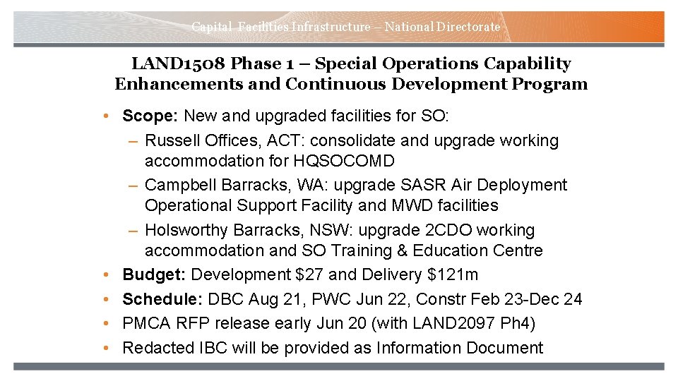 Capital Facilities Infrastructure – National Directorate LAND 1508 Phase 1 – Special Operations Capability