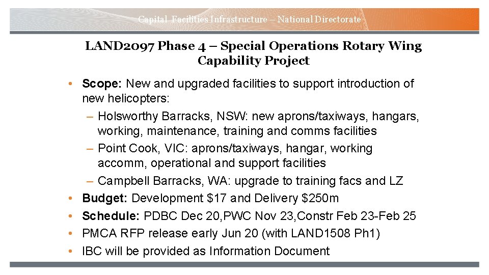 Capital Facilities Infrastructure – National Directorate LAND 2097 Phase 4 – Special Operations Rotary