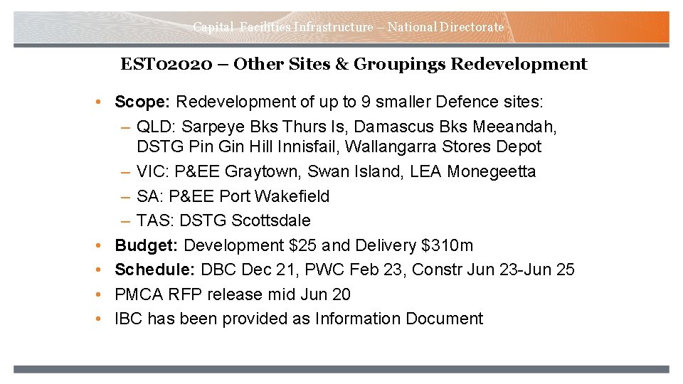 Capital Facilities Infrastructure – National Directorate EST 02020 – Other Sites & Groupings Redevelopment