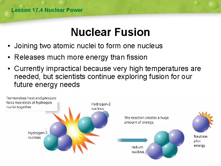 Lesson 17. 4 Nuclear Power Nuclear Fusion • Joining two atomic nuclei to form