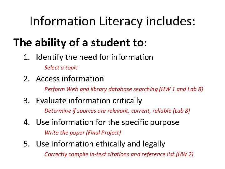 Information Literacy includes: The ability of a student to: 1. Identify the need for