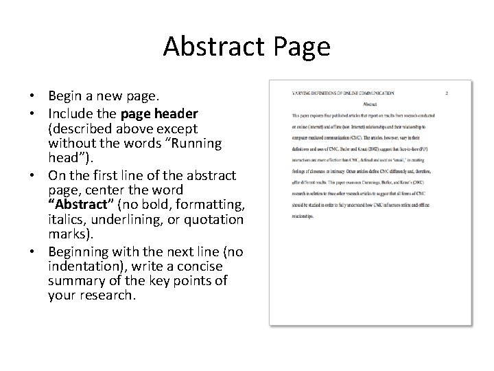 Abstract Page • Begin a new page. • Include the page header (described above