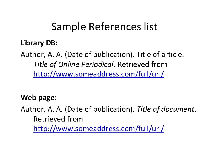 Sample References list Library DB: Author, A. A. (Date of publication). Title of article.