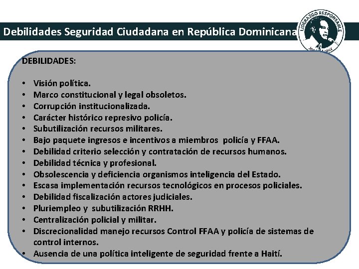 Debilidades Seguridad Ciudadana en República Dominicana DEBILIDADES: Visión política. Marco constitucional y legal obsoletos.