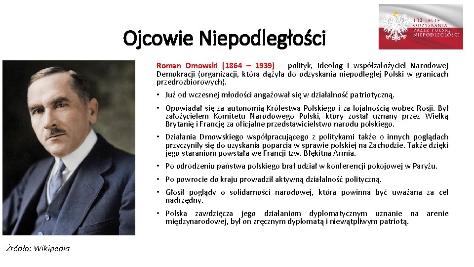 Ojcowie Niepodległości Roman Dmowski (1864 – 1939) – polityk, ideolog i współzałożyciel Narodowej Demokracji