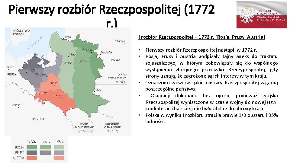 Pierwszy rozbiór Rzeczpospolitej (1772 r. ) I rozbiór Rzeczpospolitej – 1772 r. (Rosja, Prusy,