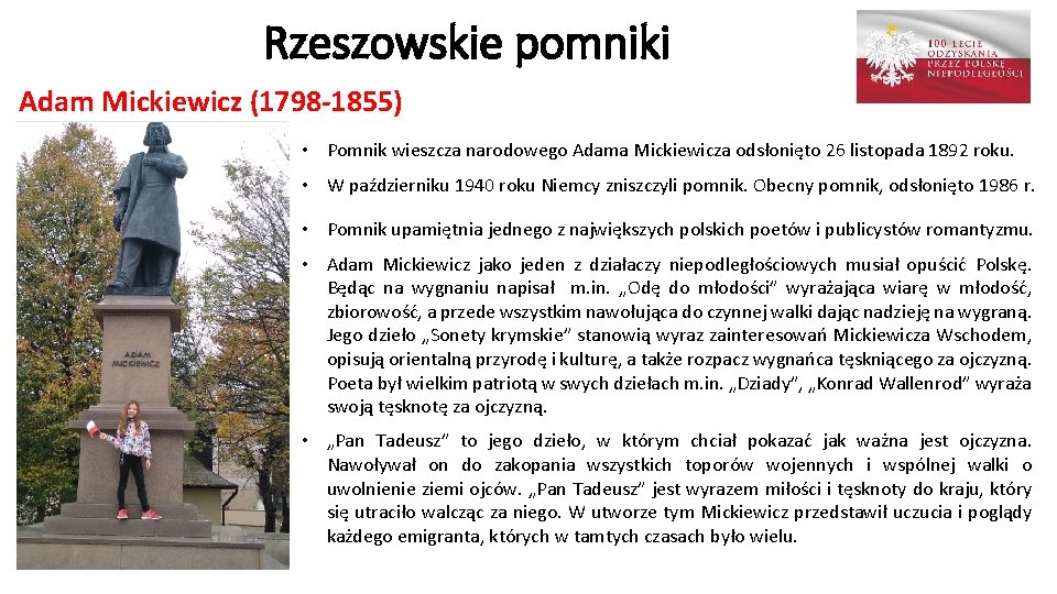 Rzeszowskie pomniki Adam Mickiewicz (1798 -1855) • Pomnik wieszcza narodowego Adama Mickiewicza odsłonięto 26