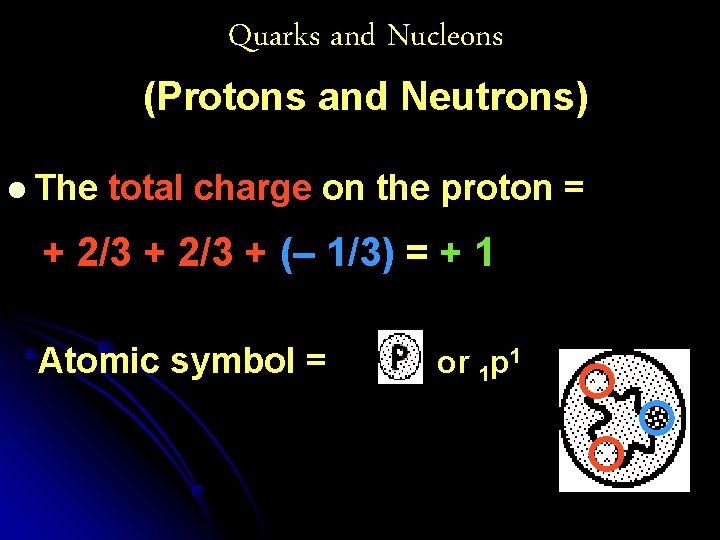 Quarks and Nucleons (Protons and Neutrons) l The total charge on the proton =