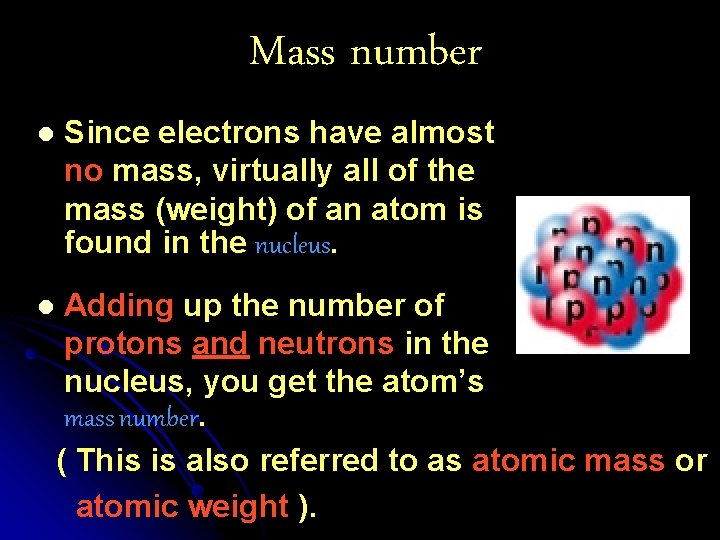 Mass number l l Since electrons have almost no mass, virtually all of the
