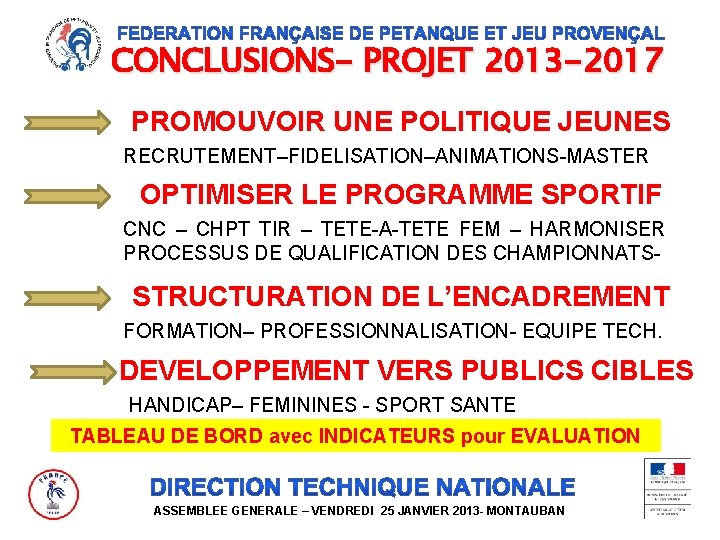 CONCLUSIONS- PROJET 2013 -2017 PROMOUVOIR UNE POLITIQUE JEUNES RECRUTEMENT–FIDELISATION–ANIMATIONS-MASTER OPTIMISER LE PROGRAMME SPORTIF CNC