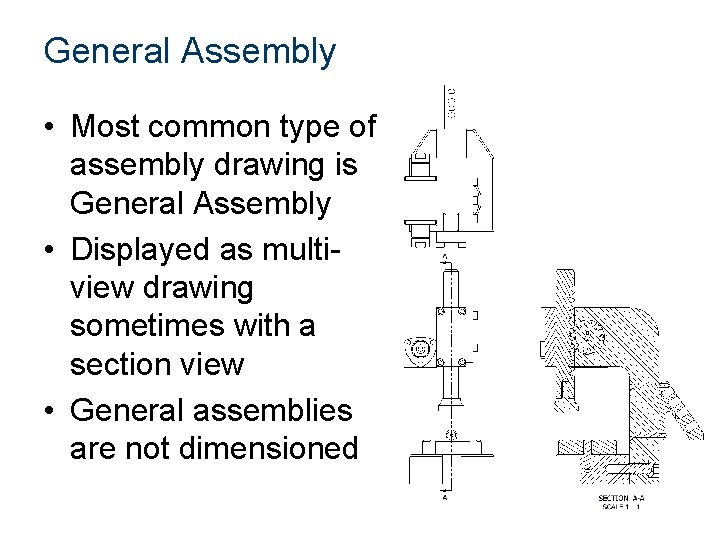 General Assembly • Most common type of assembly drawing is General Assembly • Displayed