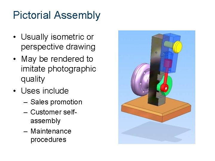 Pictorial Assembly • Usually isometric or perspective drawing • May be rendered to imitate