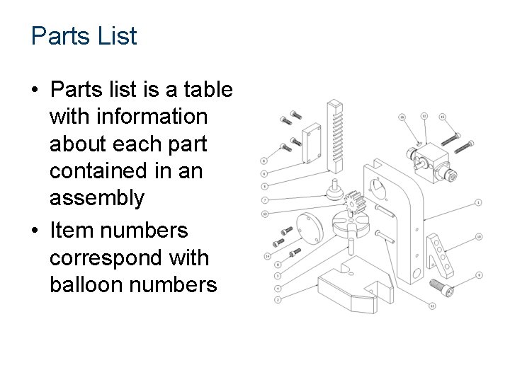 Parts List • Parts list is a table with information about each part contained