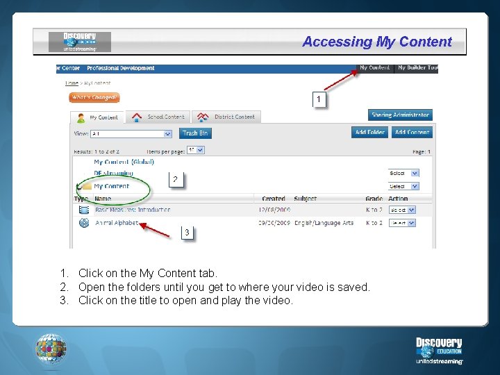 Accessing My Content 1. Click on the My Content tab. 2. Open the folders