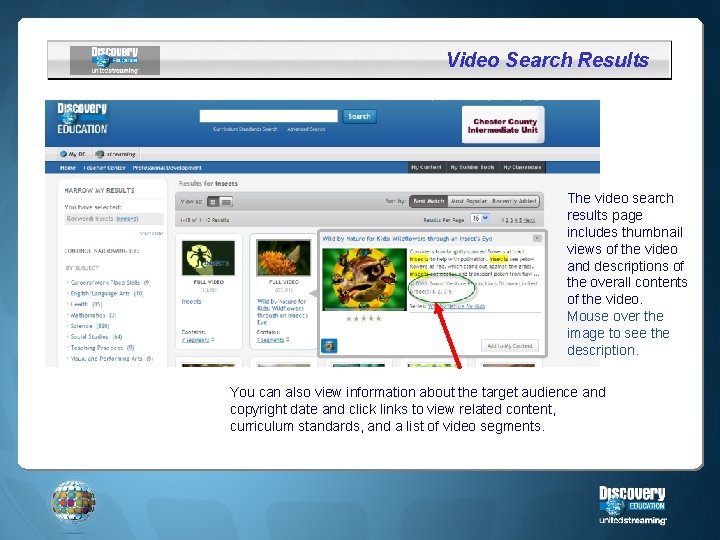 Video Search Results The video search results page includes thumbnail views of the video