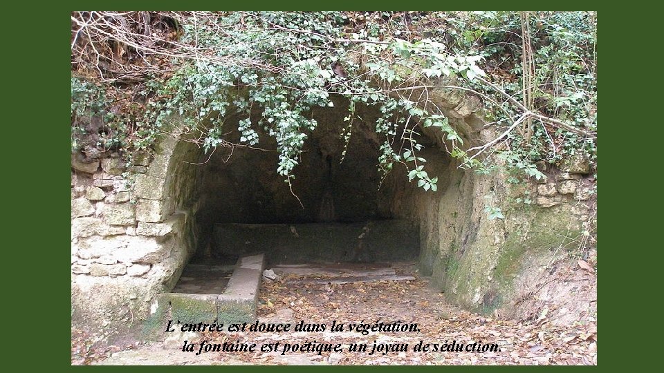 L’entrée est douce dans la végétation, la fontaine est poétique, un joyau de séduction.