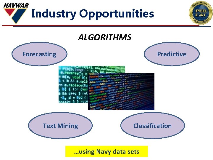 Industry Opportunities ALGORITHMS Forecasting Predictive Text Mining Classification …using Navy data sets 